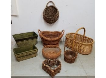 Lot Of 8 Rustic Baskets Including Wicker Rattan Bamboo Stamped Tin Beaded