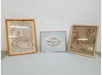 Lot Of 3 Vintage Needlepoint Samplers, Framed