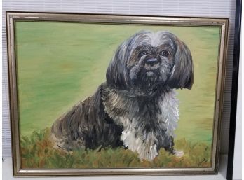 Oil On Canvas Painting Of Dog, 19-1/2' X 26' Including Wooden Frame, Signed Lower Right