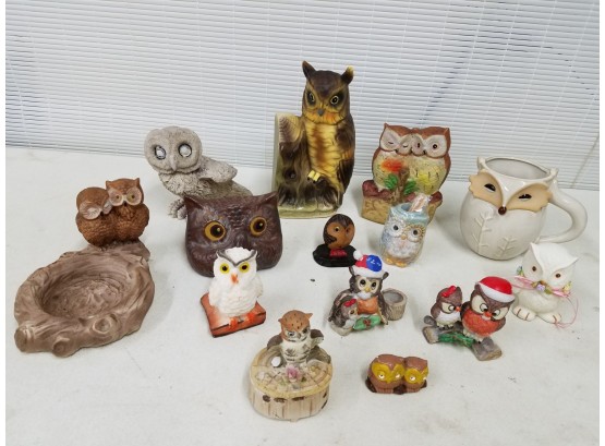 Lot Of Owl Figurines Including Mug, Ashtray, Covered Trinket Dish, & Toothpick Holder