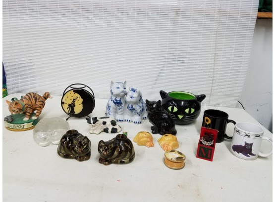 Collection Of 16 Cat Figurines, Mugs, Candle Holders