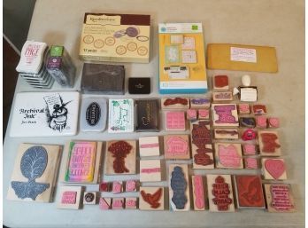 Lot Of 42 Crafting Ink Stamps, 25 Ink Pads, Stamp Cleaning Pad, & 2 Kits