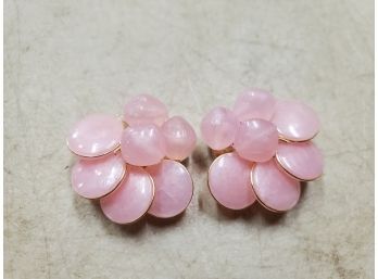 Pair Of Vintage Pink Stone & Gold Wire Trim Clip-on Earrings, Brass Backings, W.Germany, 1.25'D