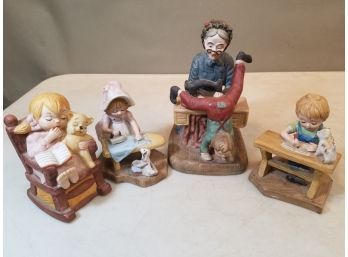 Set Of 4 Ceramic Figurines: Grandma & Her Grandchildren At Home Sewing, Ironing, Doing Homework, & Napping