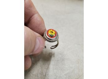 Vintage Micro Mosaic Silver Tone Ring, Yellow Flower On Red, 5/8'h Panel