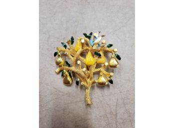 Vintage Cadoro Pear Tree Brooch Pin, Enamel On Gold Tone, 2.25' X 2.25'