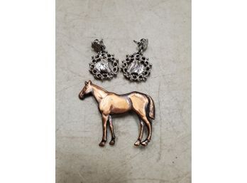 Lot Of Copper Horse Brooch Pin (1-5/8'W) & Silver Tone Horse Earrings (3/4'd, Pierced)