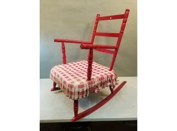 Vintage Red Painted Rocking Chair With Plaid Skirt, Needs Seat & Back Pads, 20'w X 31'l X 34'h