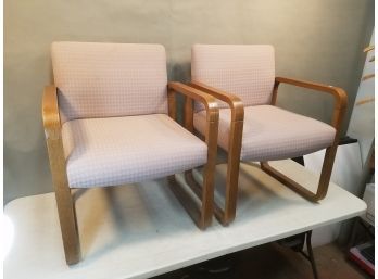 Pair Of Mueller Modern Office Lobby Arm Chairs, Oak Finish, Cross Hatched Light Rose & Gray Pattern Upholstery