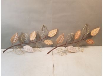 Pair Of Metal & Wood Branch With Leaves Wall Hangings, 32' Long X 13' Max Width, Painted Accents