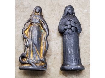 2 Antique Miniature Nun Figurines, Lead Or Pewter?, 1' High Each, One Marked GERMANY, One Has Some Paint