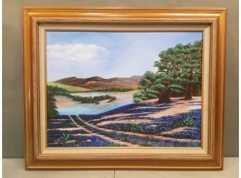 Original Landscape Painting On Canvas, Signed Finklea '06 Lower Right, Blue Flower Beds, 31' X 25'