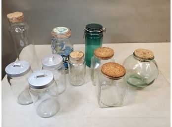Lot Of 10 Glass Jar Containers, With Cork Stoppers, Aluminum Sealing Lids & Hinged Sealing Lids, 13.5'h Max