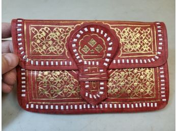 Vintage Red Leather Clutch Purse With White Ribbon Stitching & Gold Painted Decoration, Marked 22 Carats