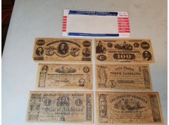 Confederate Currency Antique Reproduction Replica Set A, 6 Bank Notes In Envelope