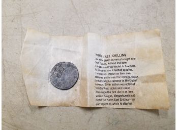 North East Shilling Replica Coin With Paper, Joseph Jenks, Saugus Massachusetts, Colonial America