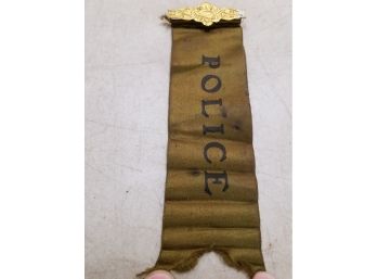 Antique POLICE Ribbon Pin, Gold Tone Pin, Black Lettering On Olive Silk Like Fabric, 7'l X 2.25'w