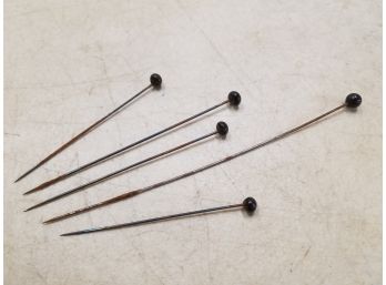 5 Antique Victorian Jet Black Glass Bead Mourning Hat Pins, 3' To 5.75' Long