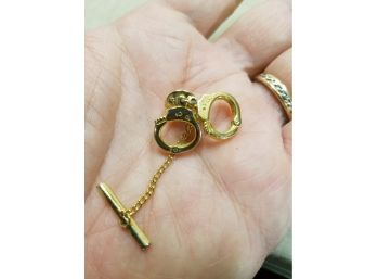 Hand Cuffs Tie Tack Lapel Pin, Gold Plated, Police Security Collectible
