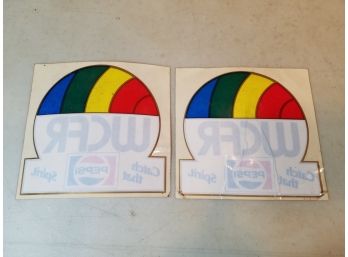 2 Vintage WCFR Radio Springfield Vermont Window Decal Stickers, Rainbow, Catch That Pepsi Spirit, 1979-81