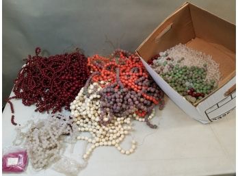 Banker's Box Of Plastic Jewelry Beads: Cranberry Frosted Ivory Orange & Grape Strings, Loose Green Tie Dyed