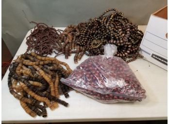 Banker's Box Of Plastic Jewelry Beads: Cranberry, Brown Tone Disks, Brown Swirl Marbles, Strings