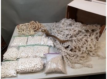 Banker's Box Of Plastic Jewelry Beads: Shaped Ivory, Pearl, Ivory, Nougat, Frosted Strings