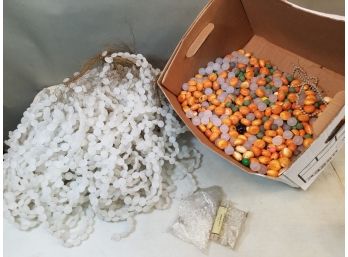 Banker's Box Of Plastic Jewelry Beads: 1/3 Box Mixed Orange Green Swirl Frost, Frosted Strings, Small Clear