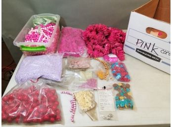 Banker's Box Of Jewelry Beads: Mixed Pink Strings In Box, Coco Shell Strings, Tiny Lavender Rings, Red Hots