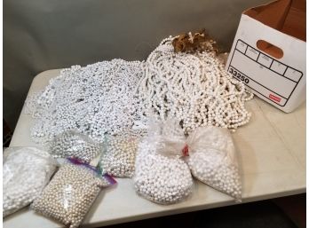 Banker's Box Of Plastic Jewelry Beads: White Strings, Shiny & Matte, Pearls