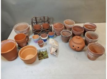 Lot Of 22 Pieces Of Terracotta Planters Containers Accessories, Mixed Sizes Up To 5.75'd X 5.5'h
