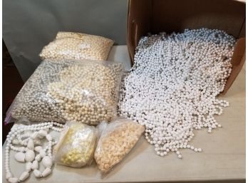 Banker's Box Of Plastic Jewelry Beads: White Ivory Yellow Strings & Bagged Loose, Some Jewelry Clasps