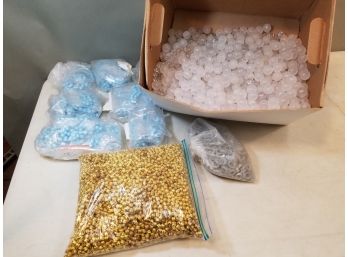 Banker's Box Of Plastic Jewelry Beads: Gold Metallic, Confection Blue, Gray Tires, Bagged, Frost & Clear Loose