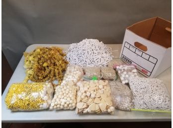 Banker's Box Of Jewelry Beads: Yellow Coconut Coco Chips, Plastic Yellow White Cream Pearl Strings & Loose