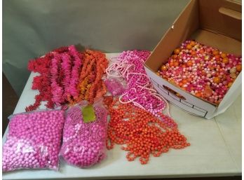 Banker's Box Of Jewelry Beads: Red & Orange Coconut Coco Chips, Pinks Reds Strings Loose Swirls Plastic Beads
