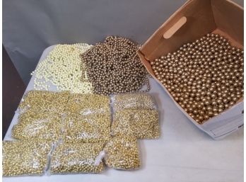 Banker's Box Of Plastic Jewelry Beads: Light Yellow Strings, Gold Metallic Strings & Loose, Small Shaped Metal