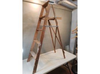 Vintage Wooden 5 Step Ladder With Paint Can Rest, 57'h X 14'w X 39' Open, 61.5' X 14' X 5' Folded