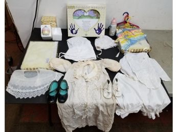 Lot Of Baby Clothes, Blankets, Handprint Memories, Precious Moments, Hangers, Shoes, Baptismal Dress, Bonnets