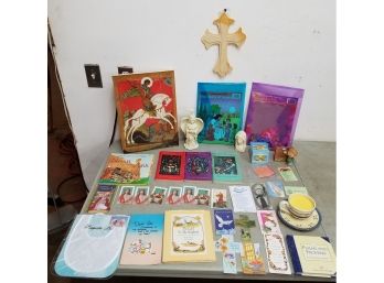 Lot Of Religious Items: Cross Crucifix, Framed Art, Books, Cards, Bookmarks, Candle Set, Madonna, Bib, Puzzles