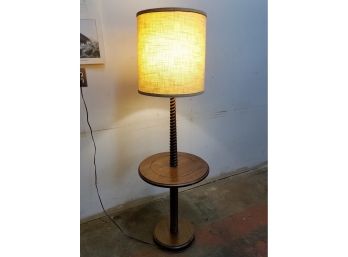 Vintage Barley Twist Wooden Floor Lamp With Table Surface & Burlap Shade,