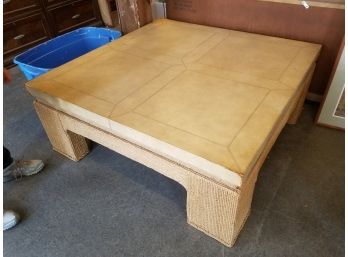 Fine Large Stitched Leather Top Coffee Table With Rattan Bottom, 50' Square X 19.25'h, Tan Tones