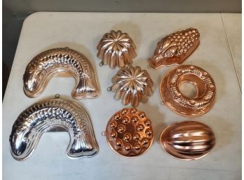 Lot Of 8 Copper Jello Molds With Hangers For Mounting On The Wall, Fish Etc.