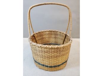 Woven Bamboo Basket With Aqua Stripe, 10.25'd X 6.25'h, 13.5'h Including Handle
