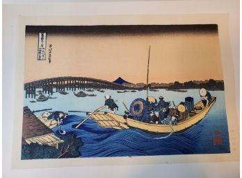 Vintage Japanese Watercolor, People In Water Transport & Doing Laundry, Markings In Upper Left & Lower Right