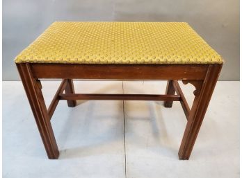 Vintage Low Vanity Sitting Bench, Wood With Gold Patterned Fabric, 22' X 14' X 17.5'h