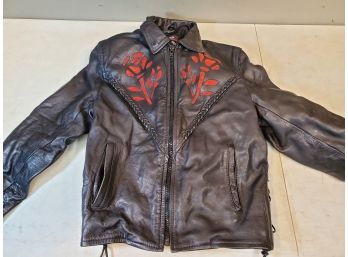 Vintage Leather King Leather Jacket With Fringe & Zip Out Lining, Black With Red Rose Pattern, Size Medium