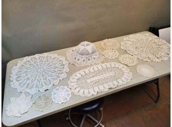 Lot Of 11 Vintage Crocheted Lace Doilies & Decorative Panels, Up To 23'D, Including Dome Shaped Piece