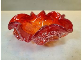 Art Glass Dish Ashtray, Red & Clear With Silver Flakes, Unmarked (Murano?), 6.5'd Max X 2.75'h