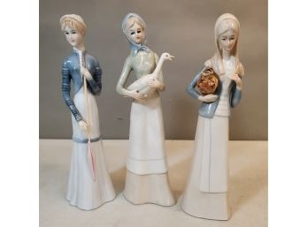 Set Of 3 Farm Girl Maid Figurines, Unmarked, With Broom Goose & Jug, 10.75' High Max