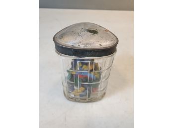 Vintage Triangular Shaped Jar With Nickel Plated Top, Grid Pattern, Full Of Vintage Book Page Markers, 3.75'h
